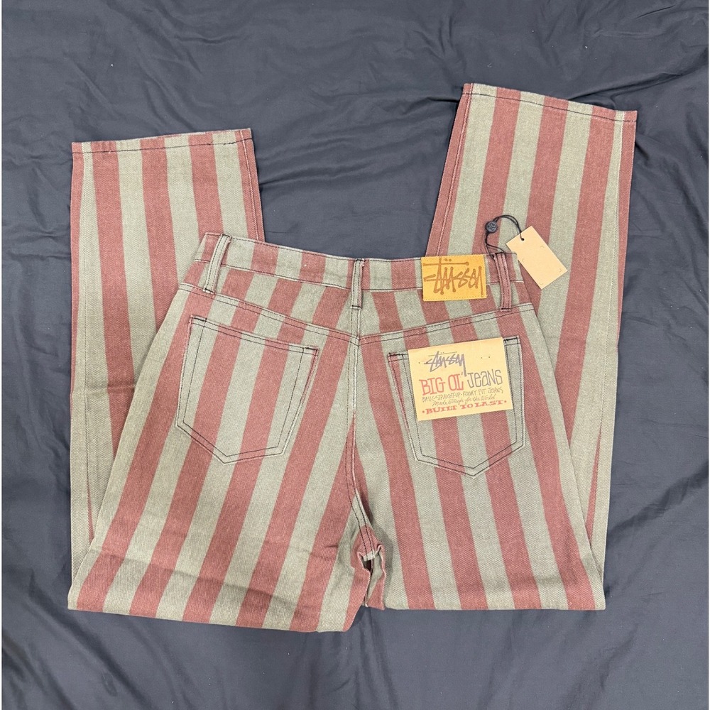 Stussy Big Ol Jeans Striped Olive Green Burgundy Red Straight Leg Denim 31x30